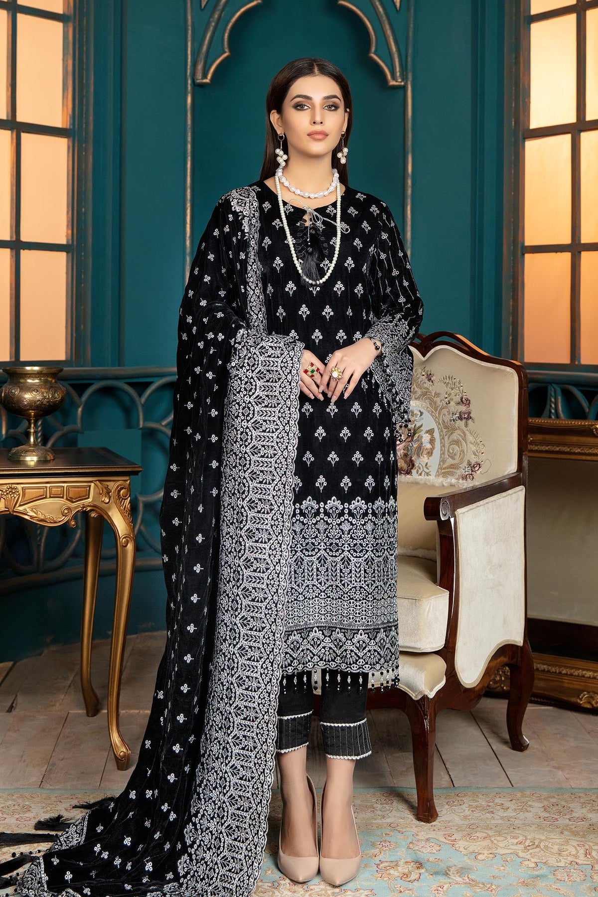 Adan's Libas - Black Rose - Embroidered Velvet 3 piece