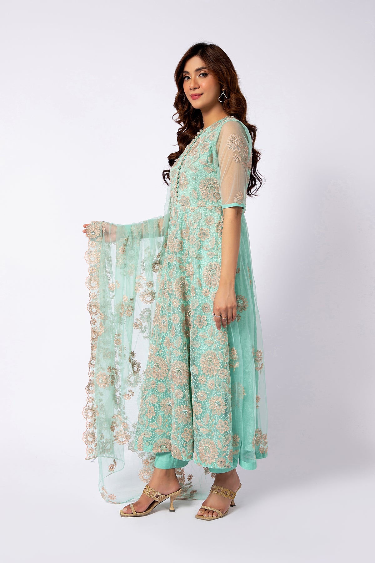 Kayseria - 2 Piece Hexa Poly Net Shirt & Dupatta