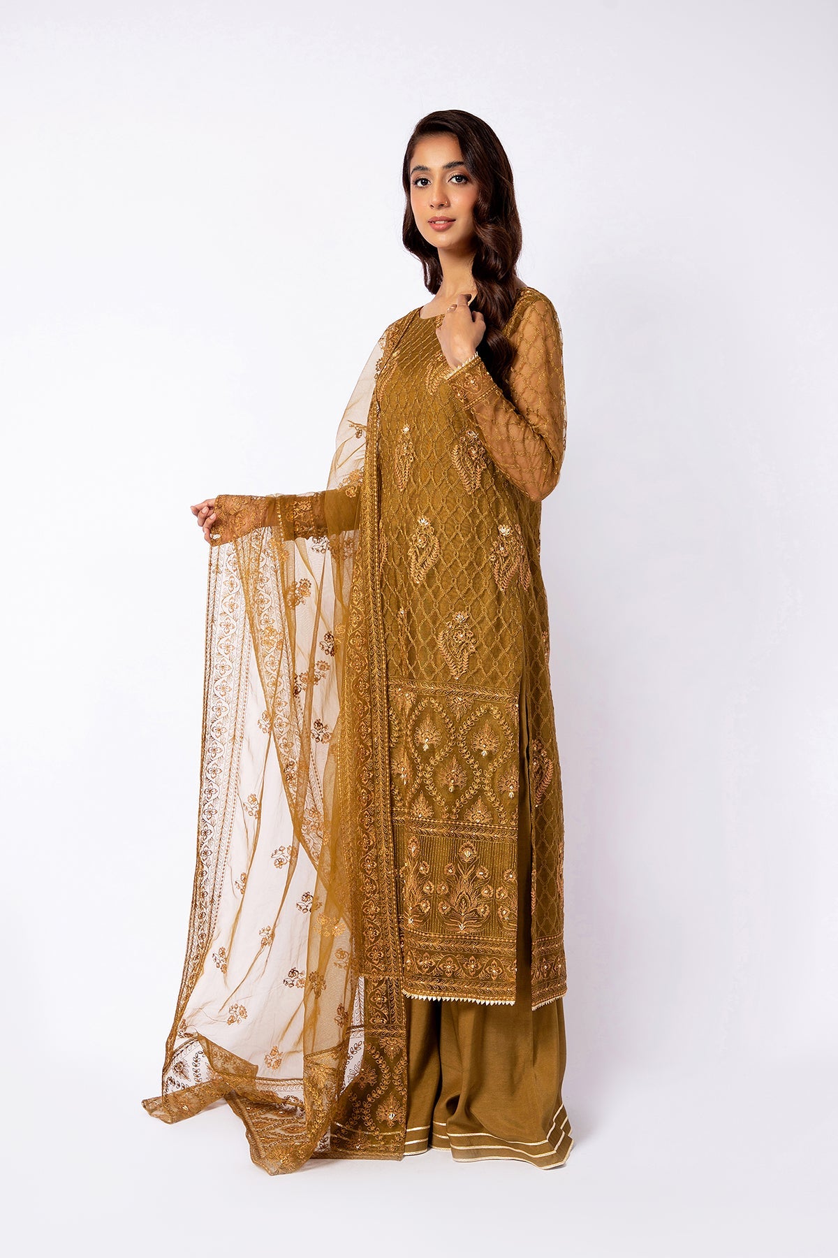 Kayseria - 2 Piece Hexa Poly Net Shirt & Dupatta