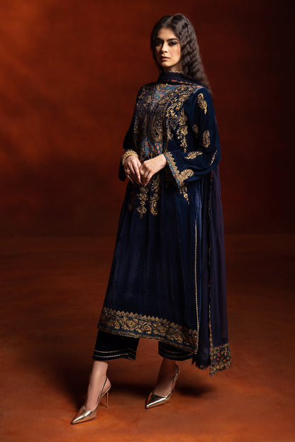 Charizma - 3-PC Embroidered Velvet Shirt with Embroidered Chiffon Dupatta and Trouser VVT-3-203