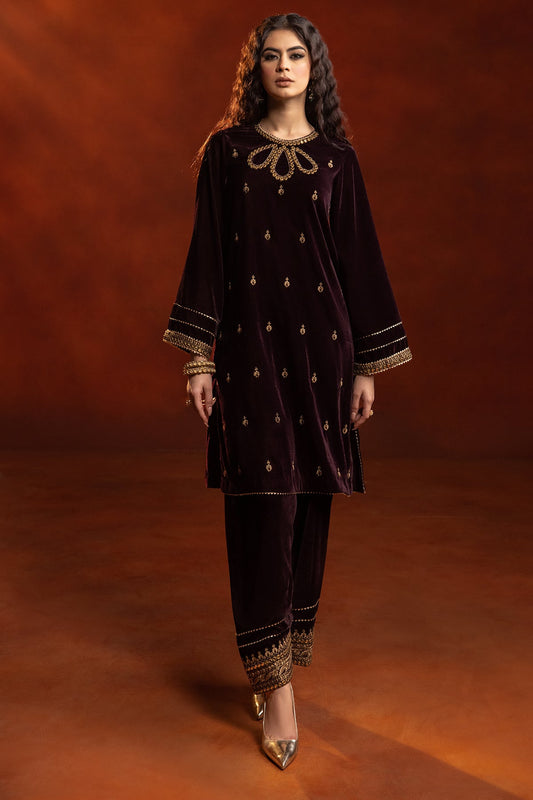 2-PC Embroidered Velvet Shirt with Trouser VVT-3-211