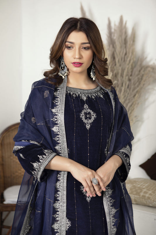 Ellena - 3-PC Stitched Velvet Suit