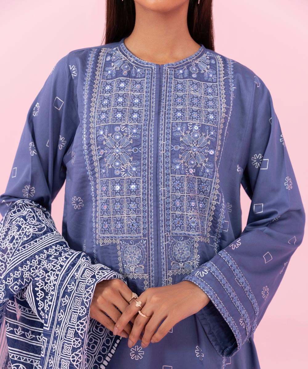 Sapphire - 3 Piece - Embroidered Cotton Satin Suit