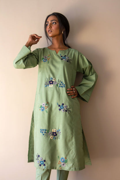 Ayesha Naveed - Dull green hand embroidered set