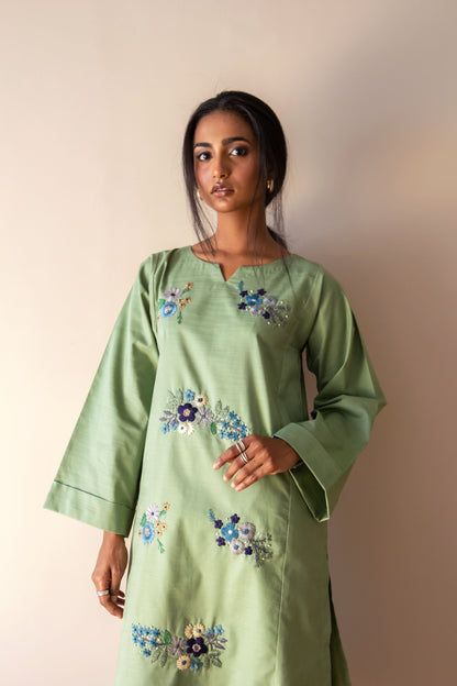 Ayesha Naveed - Dull green hand embroidered set