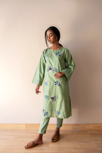 Ayesha Naveed - Dull green hand embroidered set
