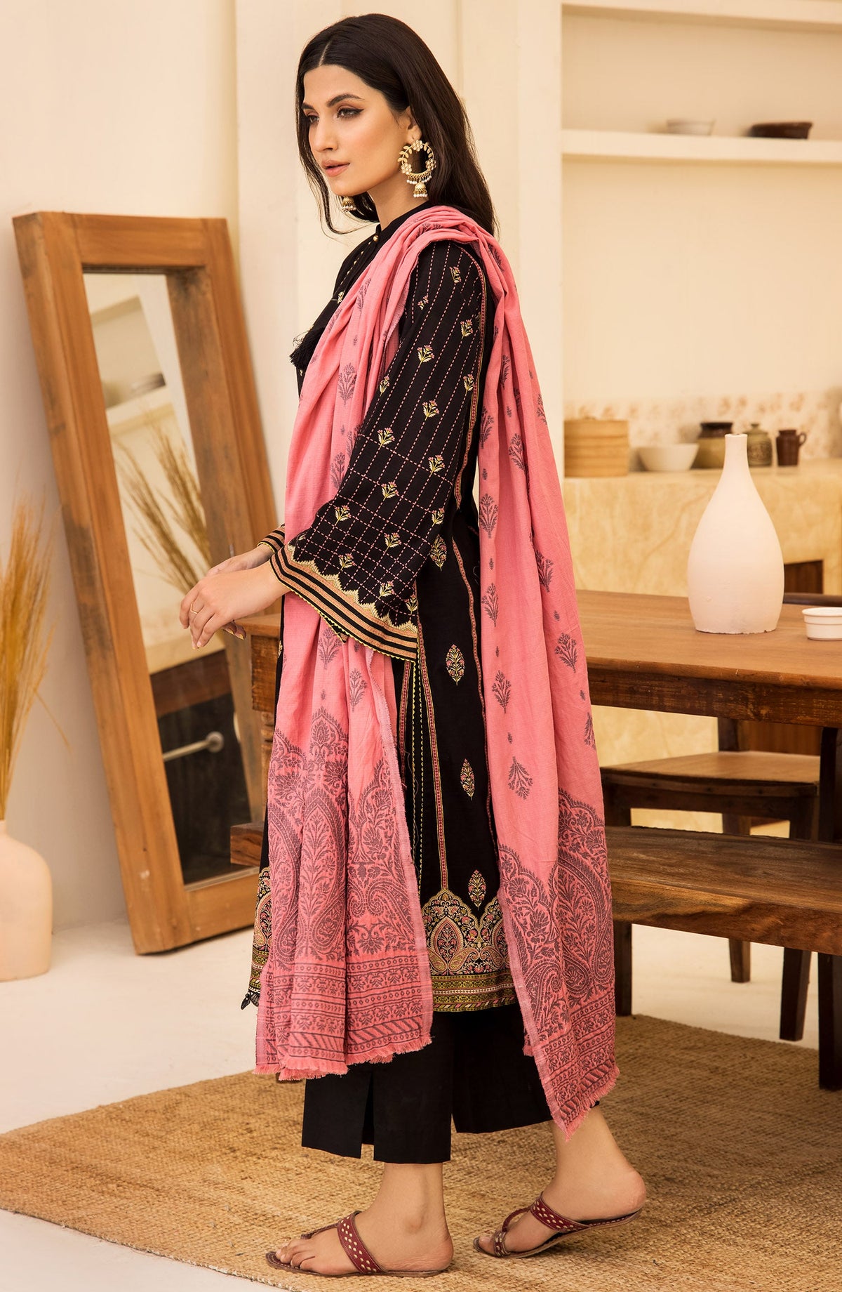 Orient - Unstitched 3 Piece Embroidered Khaddar Shirt , Pant and Jacquard Shawl Dupatta