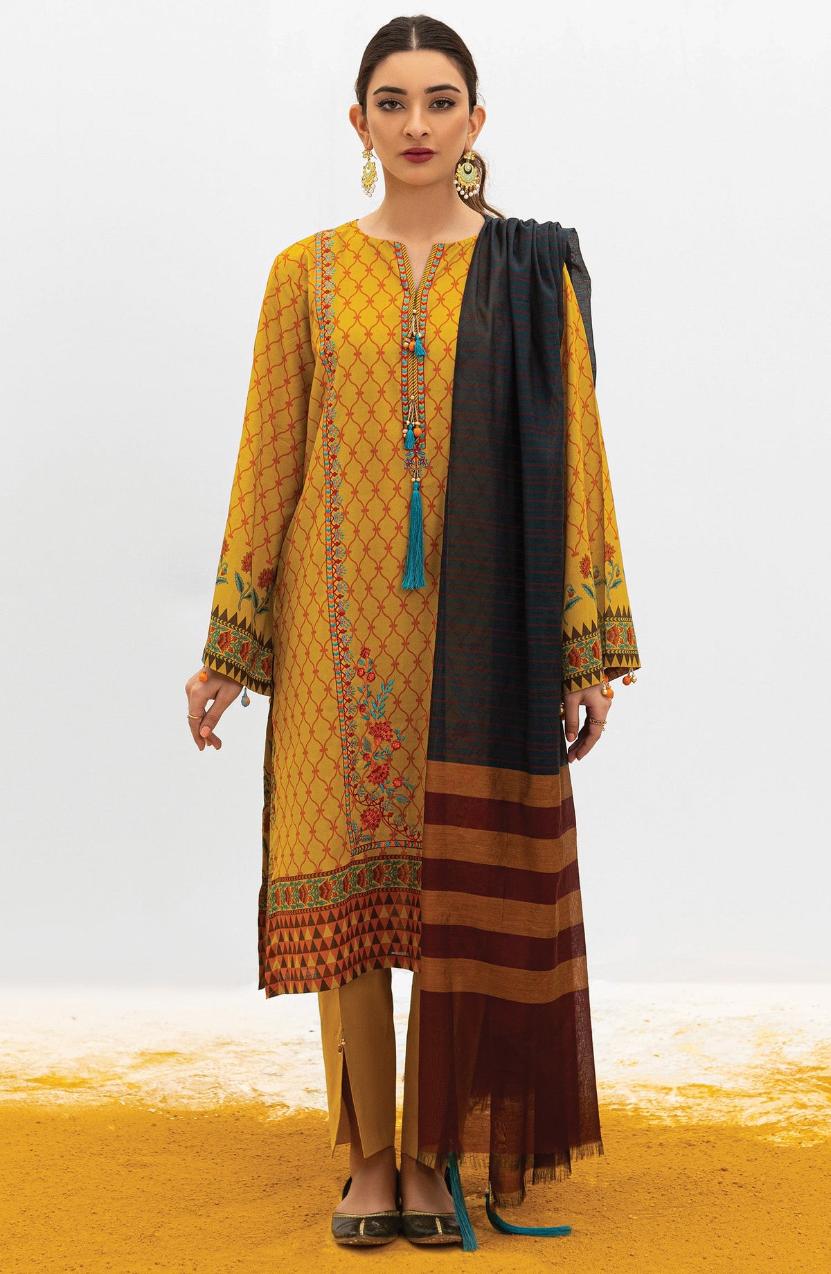 Orient - Unstitched 3 Piece Embroidered Lawn Shirt , Cambric Pant and Yarn Dyed Dupatta