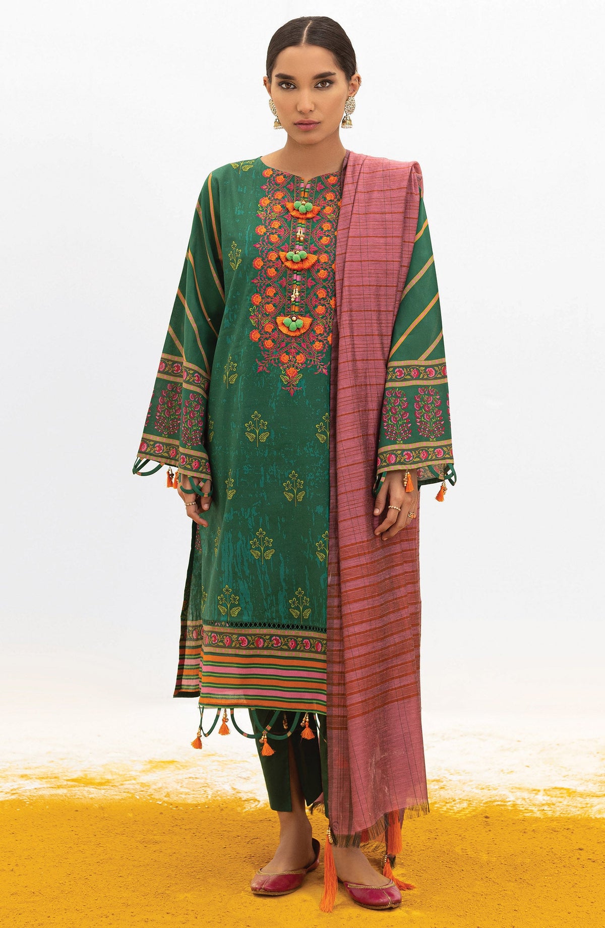 Orient - Unstitched 3 Piece Embroidered Lawn Shirt , Cambric Pant and Yarn Dyed Dupatta