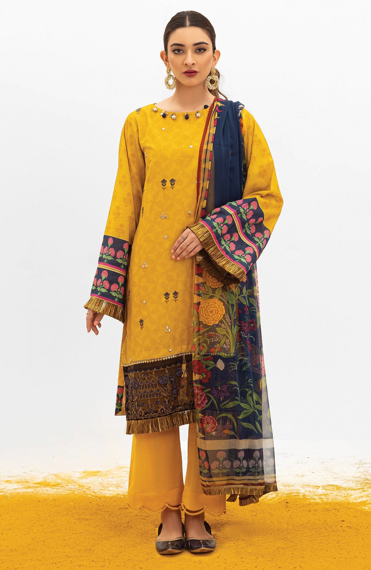 Orient - Unstitched 3 Piece Embroidered Lawn Shirt , Dyed Textured Pant and Chiffon Dupatta