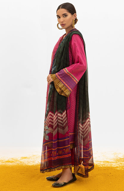 Orient - Unstitched 3 Piece Embroidered Lawn Shirt , Dyed Textured Pant and Chiffon Dupatta