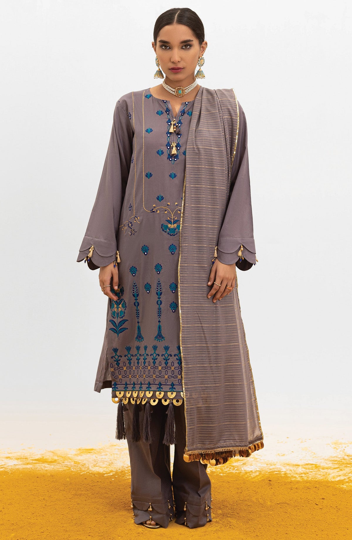 Orient - Unstitched 3 Piece Embroidered Lawn Shirt , Dyed Textured Pant and Masuri Stripe Dupatta