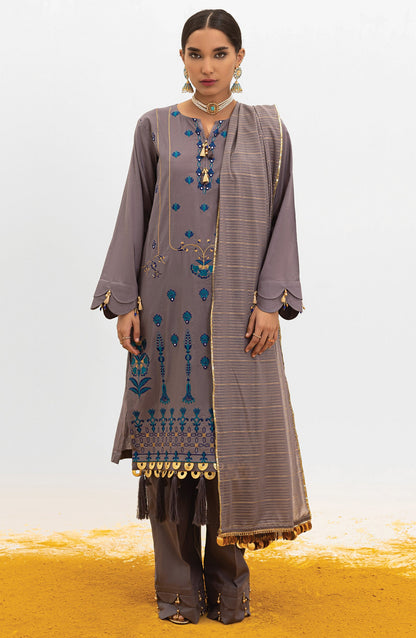 Orient - Unstitched 3 Piece Embroidered Lawn Shirt , Dyed Textured Pant and Masuri Stripe Dupatta
