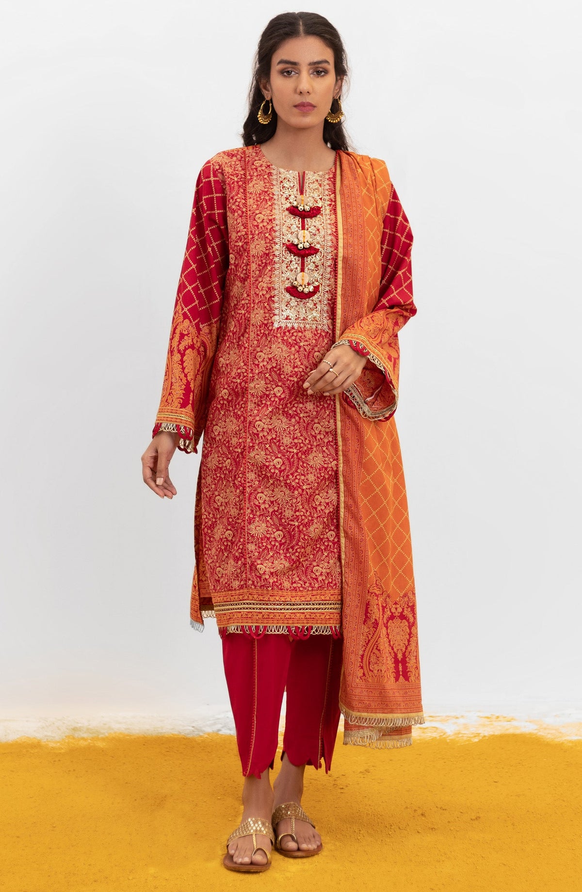 Orient - Unstitched 3 Piece Embroidered Lawn Shirt , Cambric Pant and Lawn Dupatta