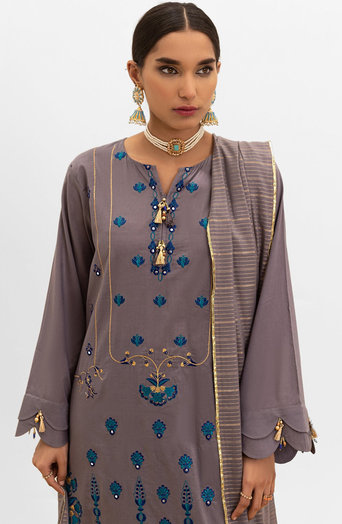 Orient - Unstitched 3 Piece Embroidered Lawn Shirt , Dyed Textured Pant and Masuri Stripe Dupatta
