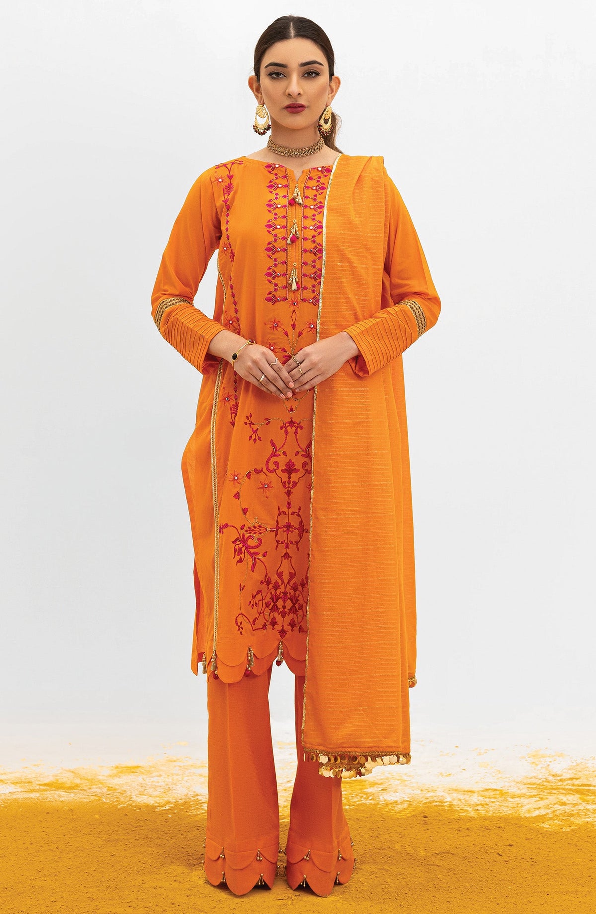 Orient - Unstitched 3 Piece Embroidered Lawn Shirt , Dyed Textured Pant and Masuri Stripe Dupatta