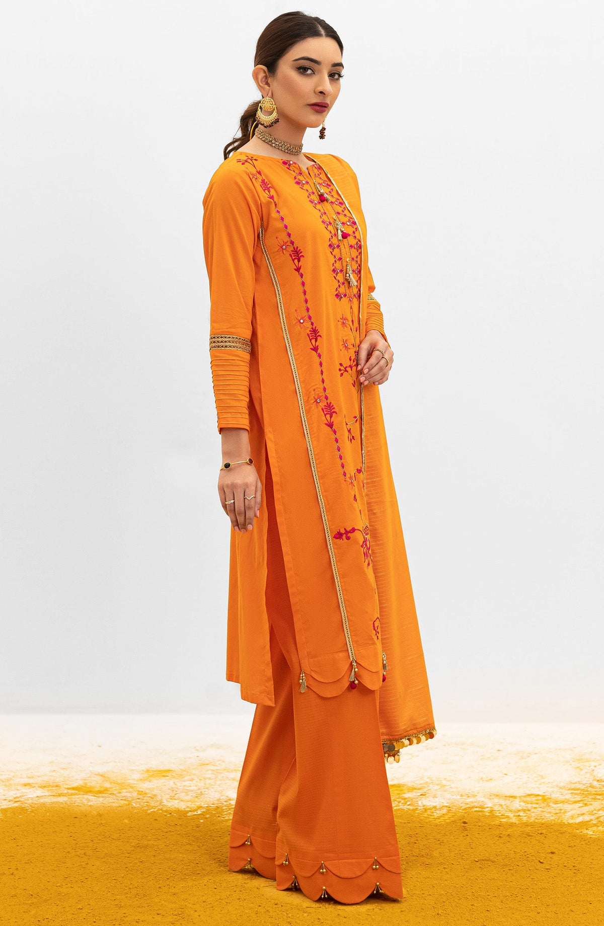 Orient - Unstitched 3 Piece Embroidered Lawn Shirt , Dyed Textured Pant and Masuri Stripe Dupatta