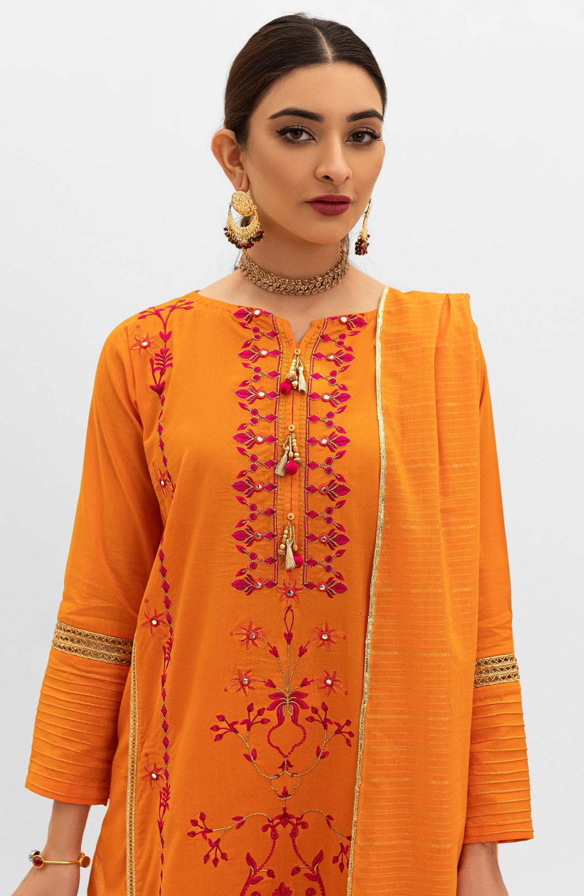 Orient - Unstitched 3 Piece Embroidered Lawn Shirt , Dyed Textured Pant and Masuri Stripe Dupatta