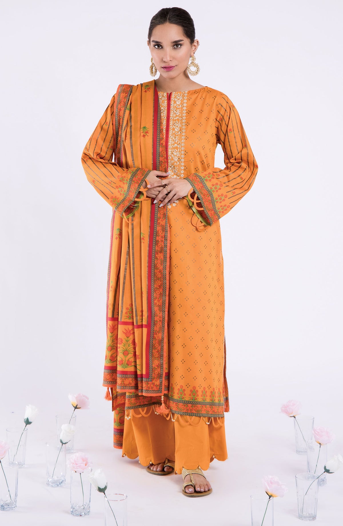 Orient - Unstitched 3 Piece Embroidered Lawn Shirt , Cambric Pant and Lawn Dupatta