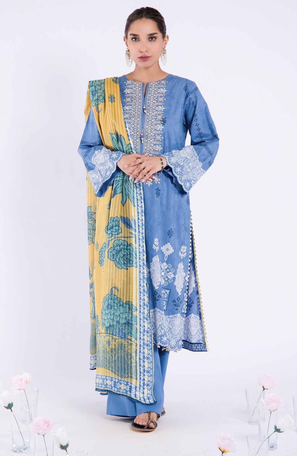 Orient - Unstitched 3 Piece Embroidered Jacquard Shirt , Cambric Pant and Yarn Dyed Dupatta