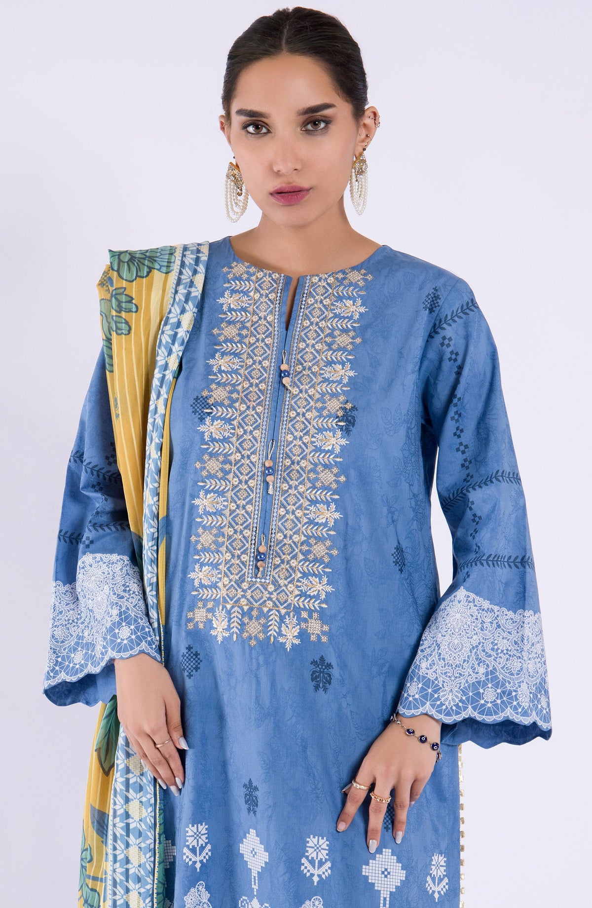 Orient - Unstitched 3 Piece Embroidered Jacquard Shirt , Cambric Pant and Yarn Dyed Dupatta