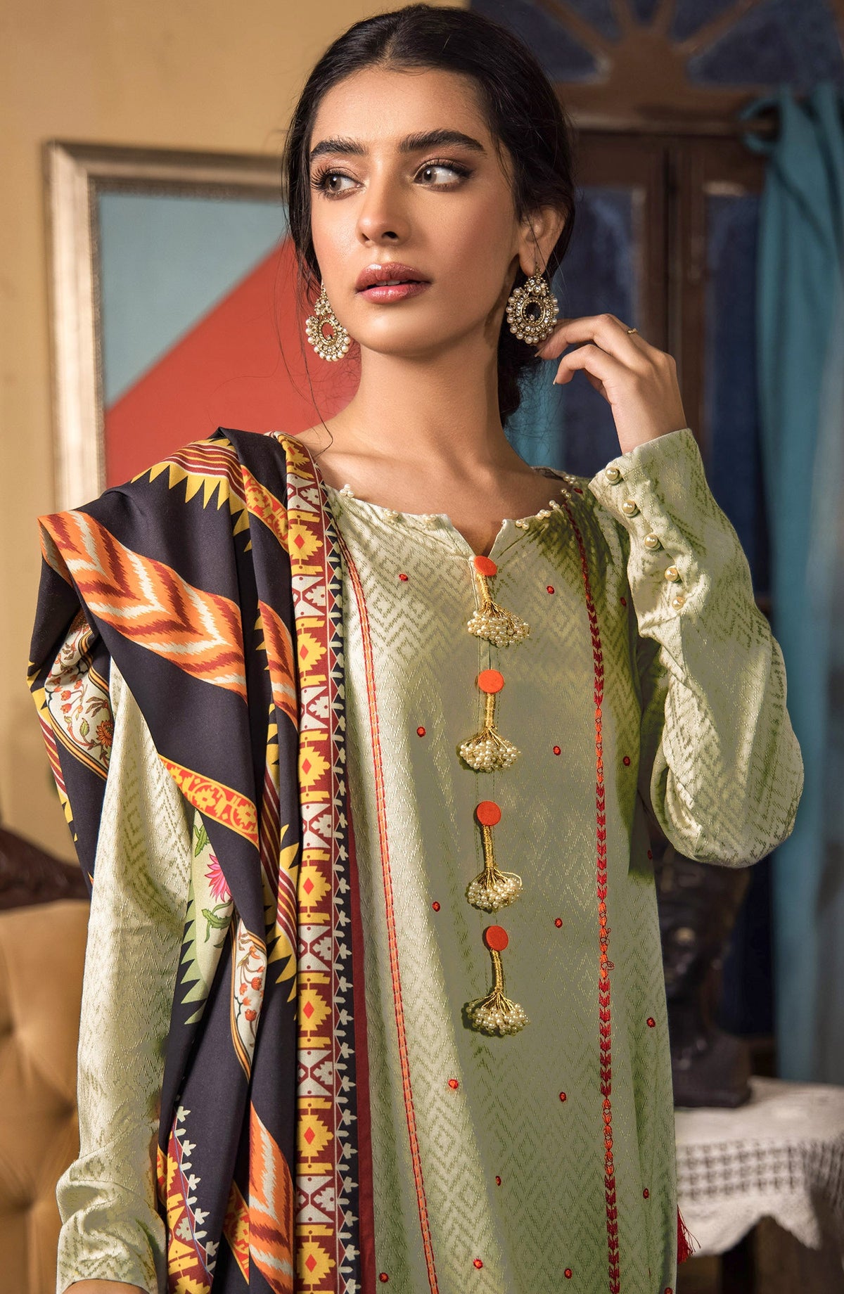 Orient - Unstitched 3 Piece Embroidered Linen Shirt , Linen Pant and Linen Dupatta