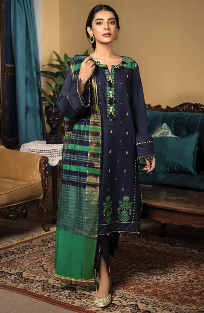 Orient - Unstitched 3 Piece Embroidered Karandi Shirt , Karandi Pant and Yarn Dyed Dupatta