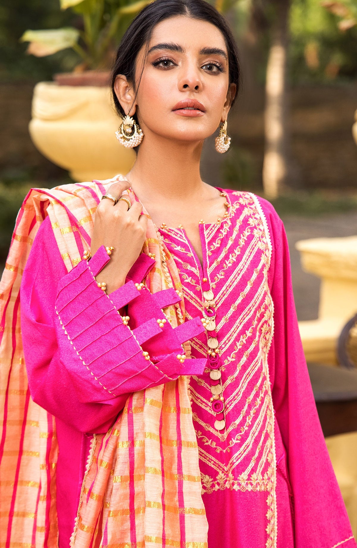 Orient - Unstitched 3 Piece Embroidered Karandi Shirt , Karandi Pant and Yarn Dyed Dupatta