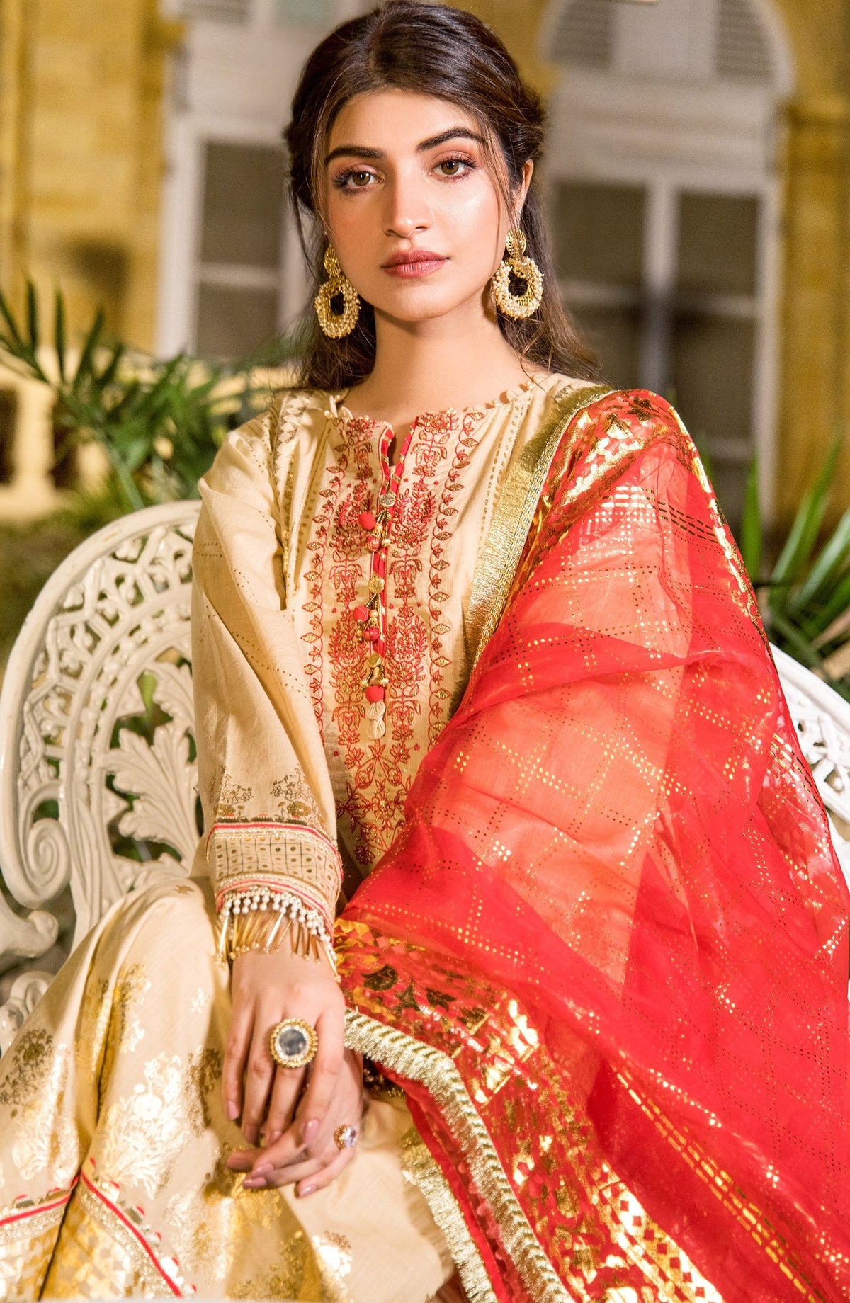 Orient - Unstitched 3 Piece Embroidered Fancy Yarn Dyed Shirt , Cambric Pant and Organza Dupatta