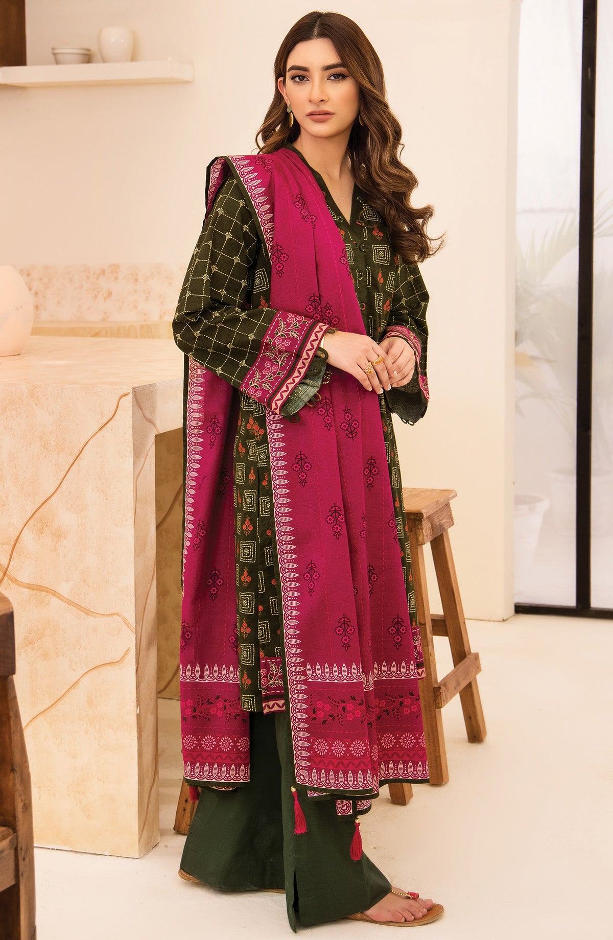 Orient - Unstitched 3 Piece Printed Khaddar Shirt, Pant and Khaddar Shawl Dupatta