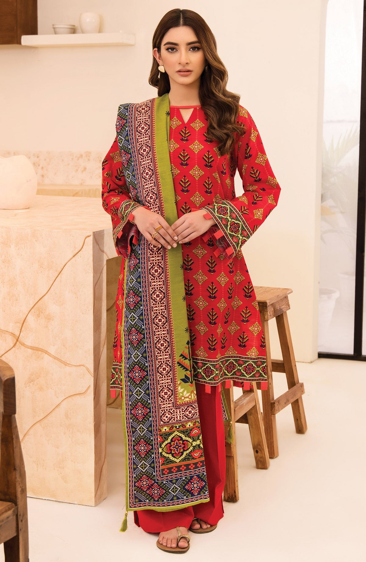 Orient - Unstitched 3 Piece Printed Khaddar Shirt, Pant and Khaddar Shawl Dupatta