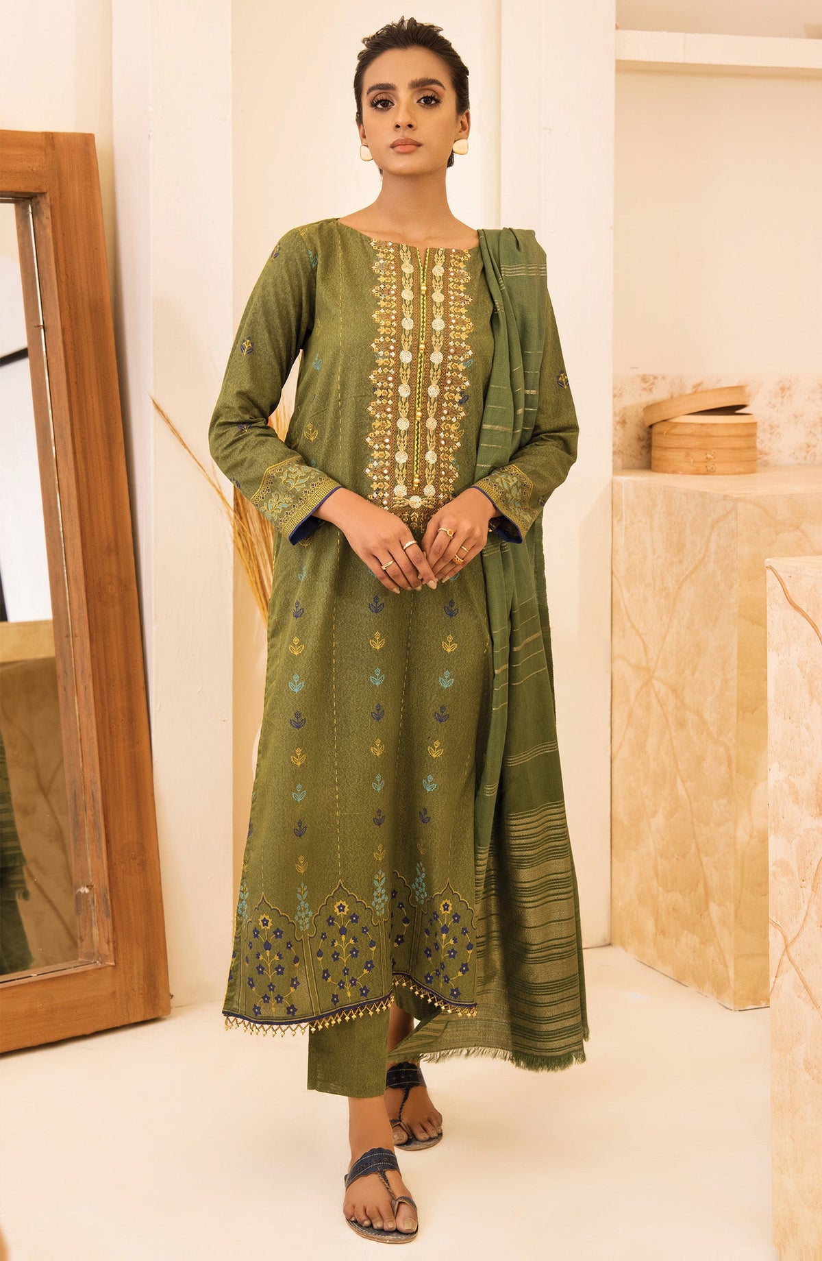 Orient - Unstitched 3 Piece Embroidered Karandi Shirt, Pant and Karandi Zari Shawl Dupatta