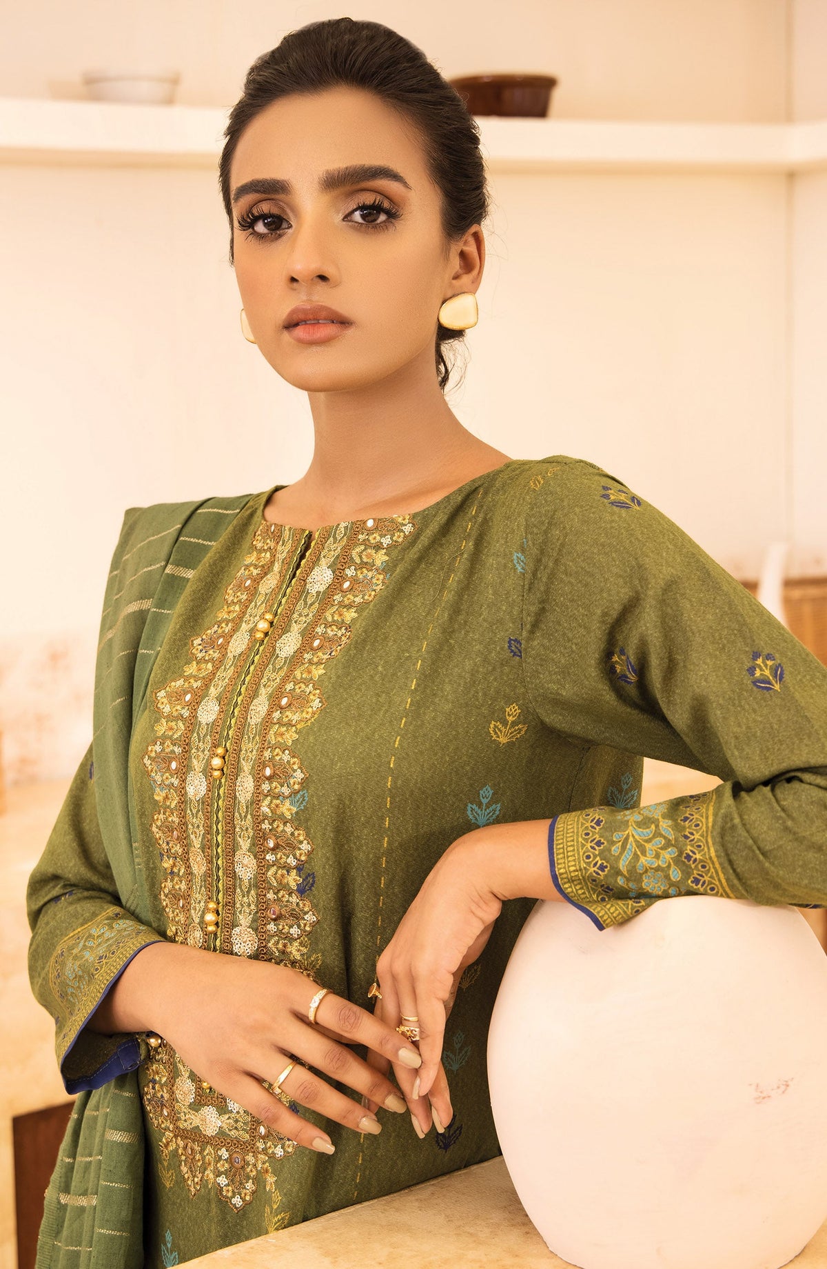 Orient - Unstitched 3 Piece Embroidered Karandi Shirt, Pant and Karandi Zari Shawl Dupatta