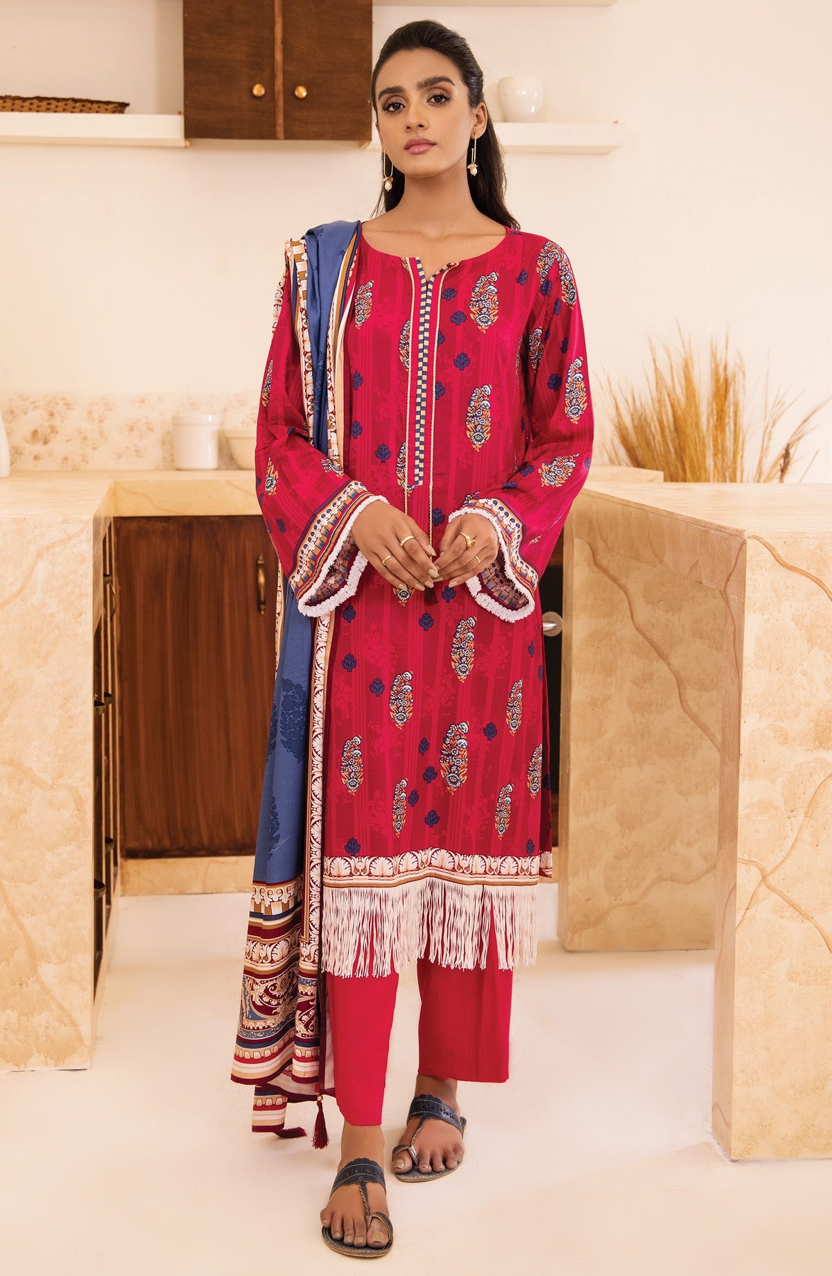 Orient - Unstitched 3 Piece Printed Linen Shirt , Pant and Linen Shawl Dupatta
