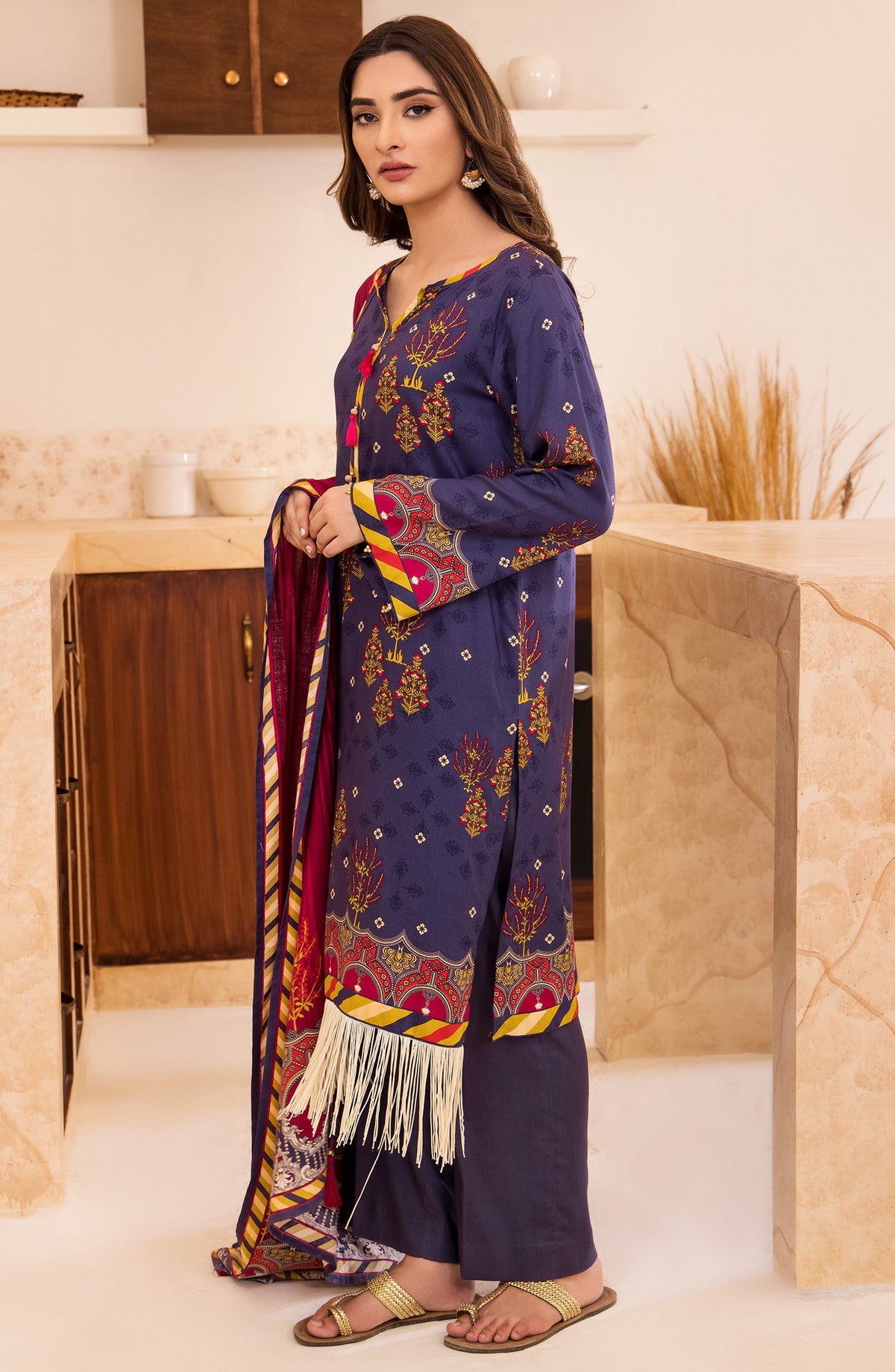 Orient - Unstitched 3 Piece Printed Linen Shirt , Pant and Linen Shawl Dupatta