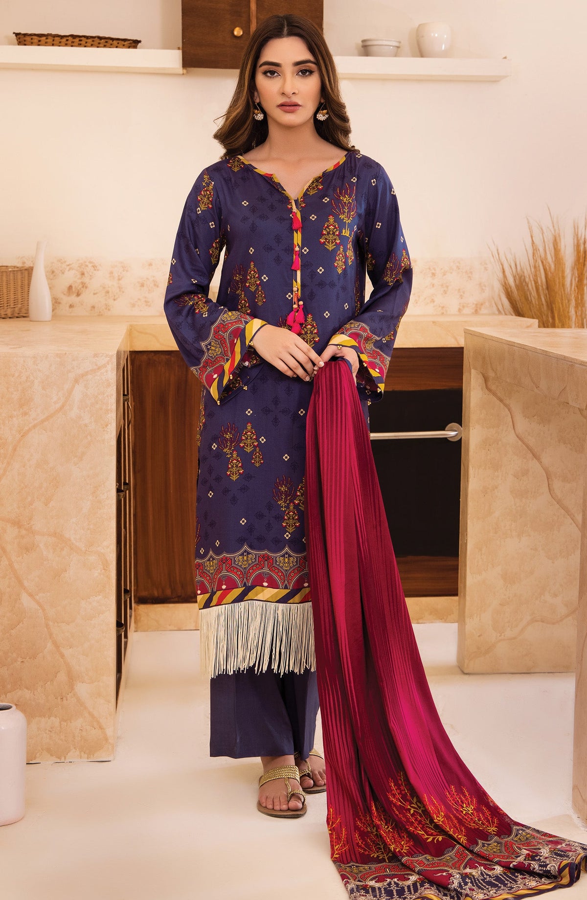 Orient - Unstitched 3 Piece Printed Linen Shirt , Pant and Linen Shawl Dupatta