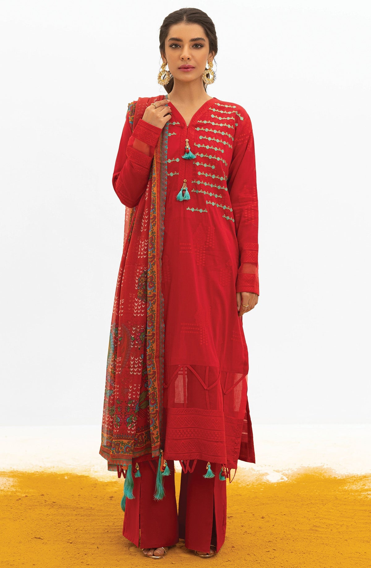 Orient - Unstitched 3 Piece Embroidered Jacquard Shirt , Cambric Pant and Chiffon Dupatta