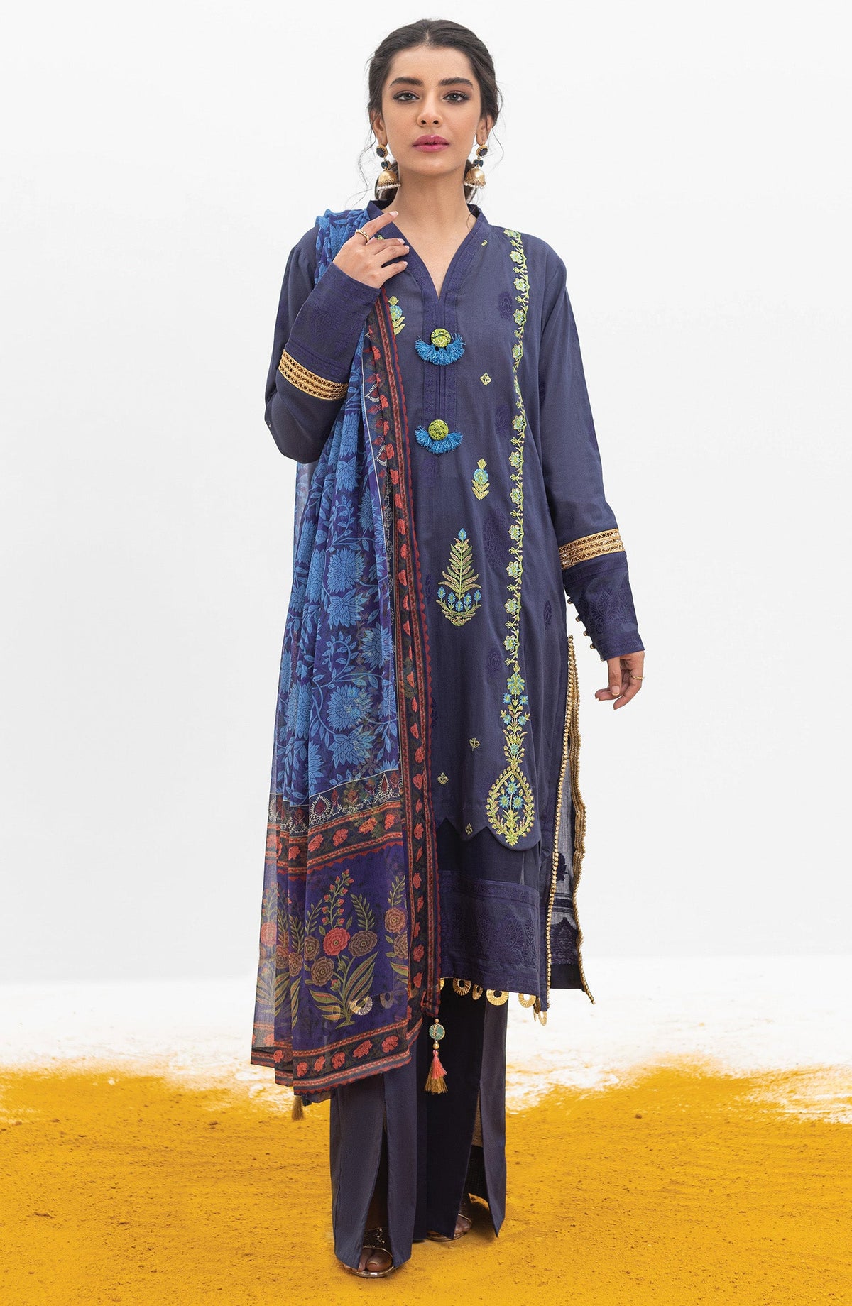 Orient - Unstitched 3 Piece Embroidered Jacquard Shirt , Cambric Pant and Chiffon Dupatta