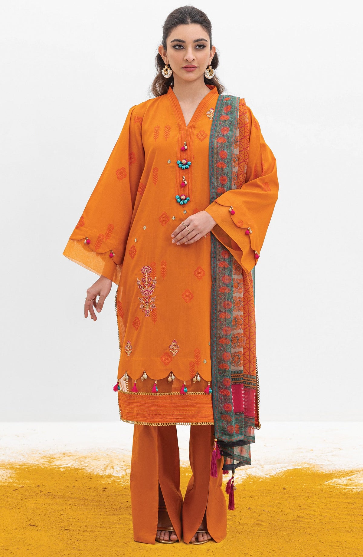 Orient - Unstitched 3 Piece Embroidered Jacquard Shirt , Cambric Pant and Chiffon Dupatta
