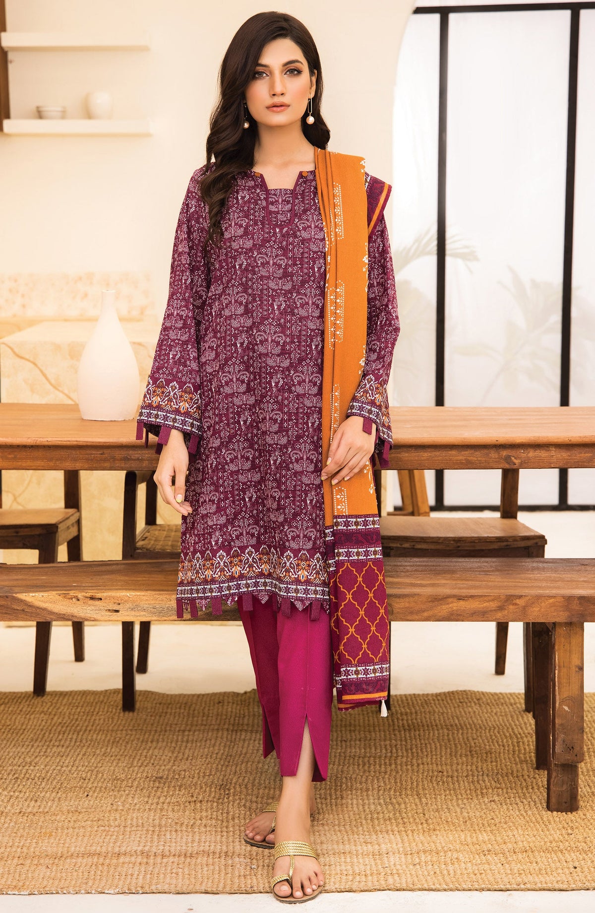 Orient - Unstitched 3 Piece Printed Karandi Shirt , Pant and Karandi Shawl Dupatta
