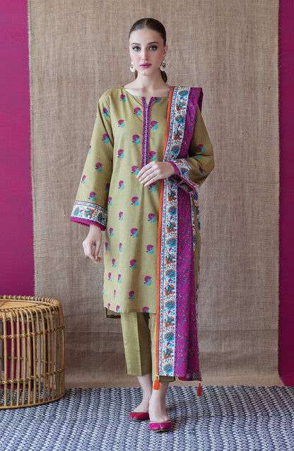 Orient - Unstitched 3 Piece Printed Khaddar Shirt , Khaddar Pant and Khaddar Dupatta