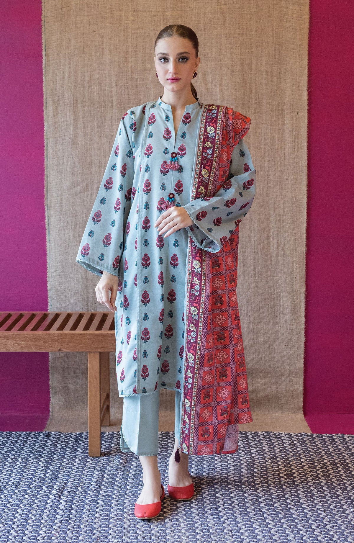 Orient - Unstitched 3 Piece Printed Karandi Shirt , Karandi Pant and Karandi Dupatta