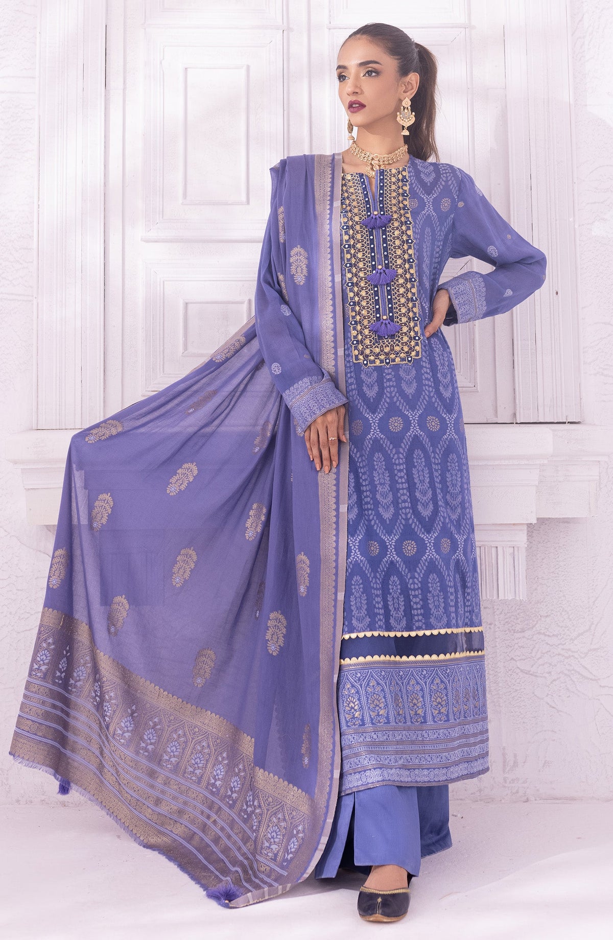 Orient - Unstitched 3 Piece Embroidered Jacquard Shirt , Cambric Pant and Jacquard Dupatta