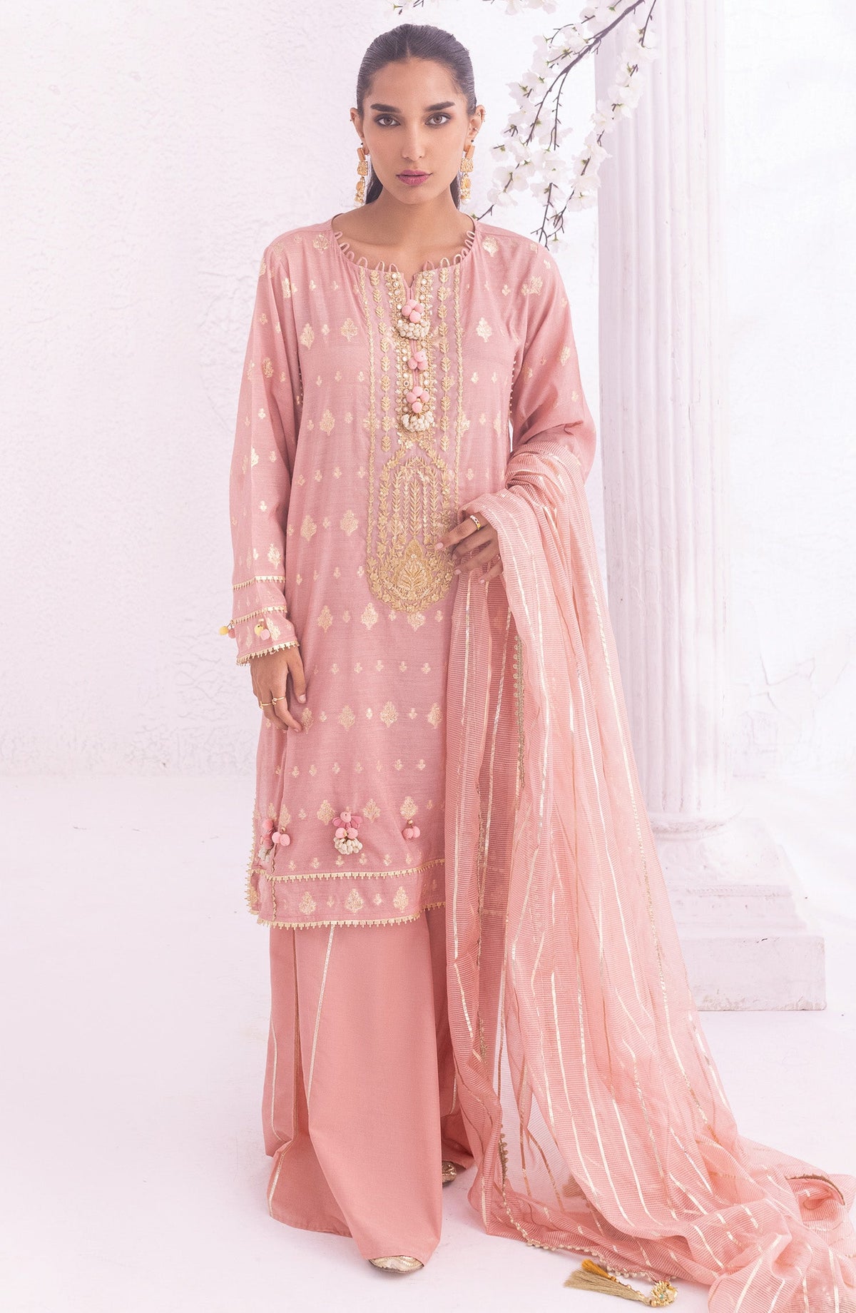 Orient - Unstitched 3 Piece Embroidered Jacquard Shirt , Raw Silk Pant and Fancy Dupatta