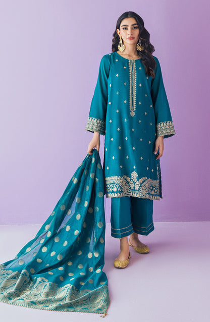 Orient - Stitched 3 Piece Embroidered Paper Cotton Shirt , Raw Silk Pant and Jacquard Dupatta
