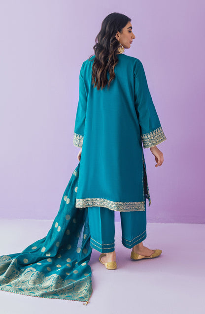 Orient - Stitched 3 Piece Embroidered Paper Cotton Shirt , Raw Silk Pant and Jacquard Dupatta