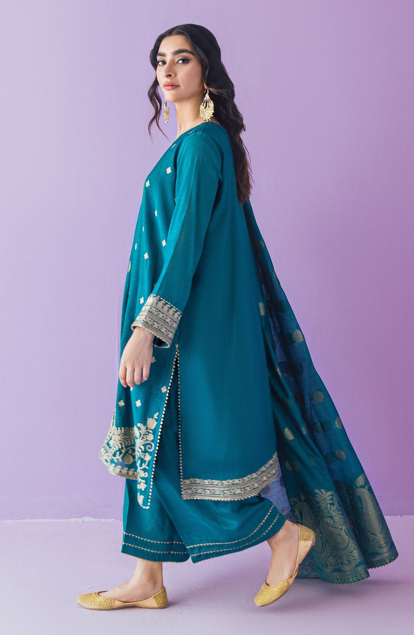 Orient - Stitched 3 Piece Embroidered Paper Cotton Shirt , Raw Silk Pant and Jacquard Dupatta