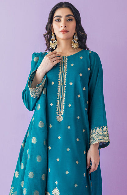 Orient - Stitched 3 Piece Embroidered Paper Cotton Shirt , Raw Silk Pant and Jacquard Dupatta