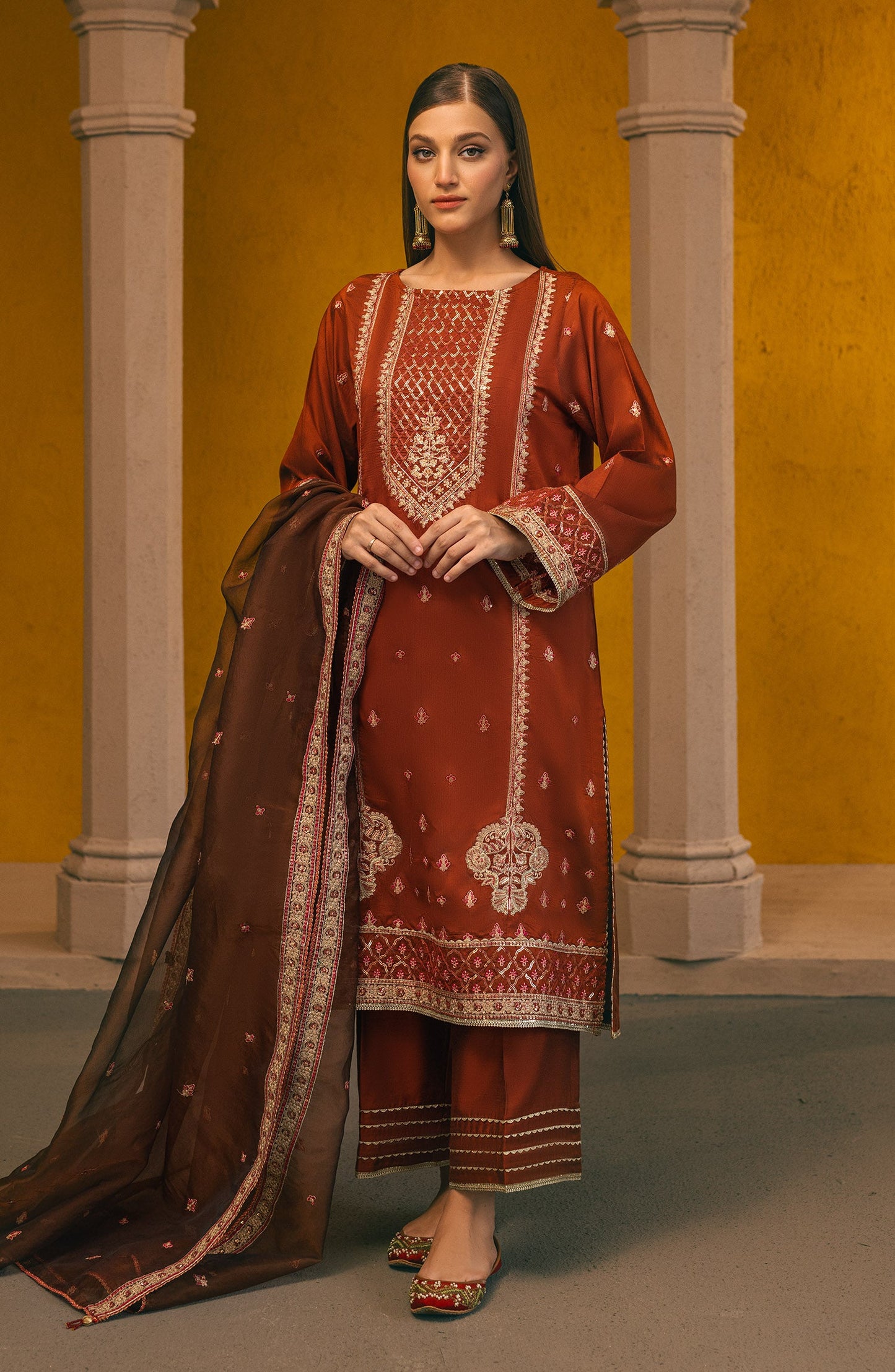 Orient - Stitched 3 Piece Embroidered Cotton Silk Shirt , Cotton Silk Pant and Organza Dupatta