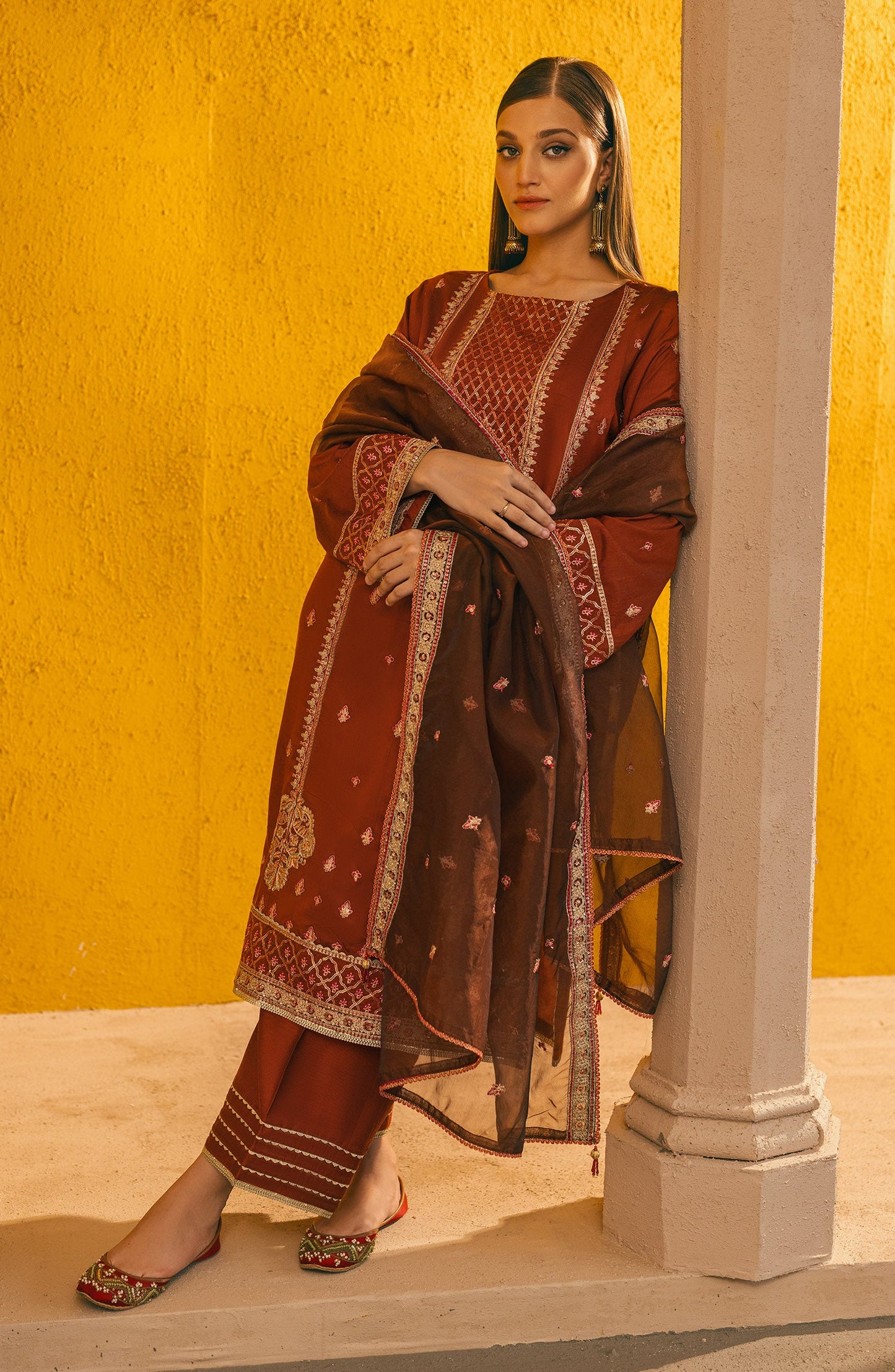 Orient - Stitched 3 Piece Embroidered Cotton Silk Shirt , Cotton Silk Pant and Organza Dupatta